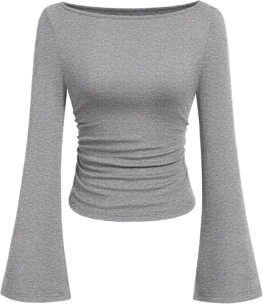 Womens Long Sleeve Shirts 2026 Spring Crop Going Out Tops Casual Boat Neck Sleeve Ribbed Ruched Y2K Clothes - Grey - View 1
