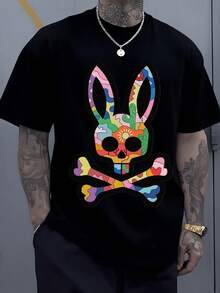 Graphic Skull Bunny Digital Printed T Shirt 220g 1Pcs Abstract Art Style Men's Casual Short Sleeve 100% Cotton Tee  Funky Design - Black - View 8