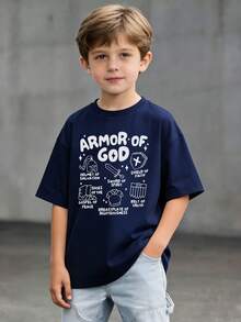 男童休闲印花圆领短袖T恤 - 艺术风格T恤，激发想象力和自我表达！适合年轻男孩的印花T恤 - 藏蓝色 - 查看 1