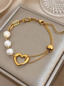 18K镀金珍珠心形手链，女士奢华珠宝，可调节双链设计，适合情人节、派对、晚宴、日常佩戴、约会、狂欢节、新年、婚礼、海滩、圣诞节、周年纪念日等场合，也是送给妈妈的优雅礼物，波西米亚风珠宝，生日伴娘礼物。