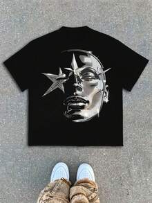 Boys & Teens' Casual Graphic Print Round Neck Short Sleeve T-Shirt, Summer Top - 黑色 - 查看 1