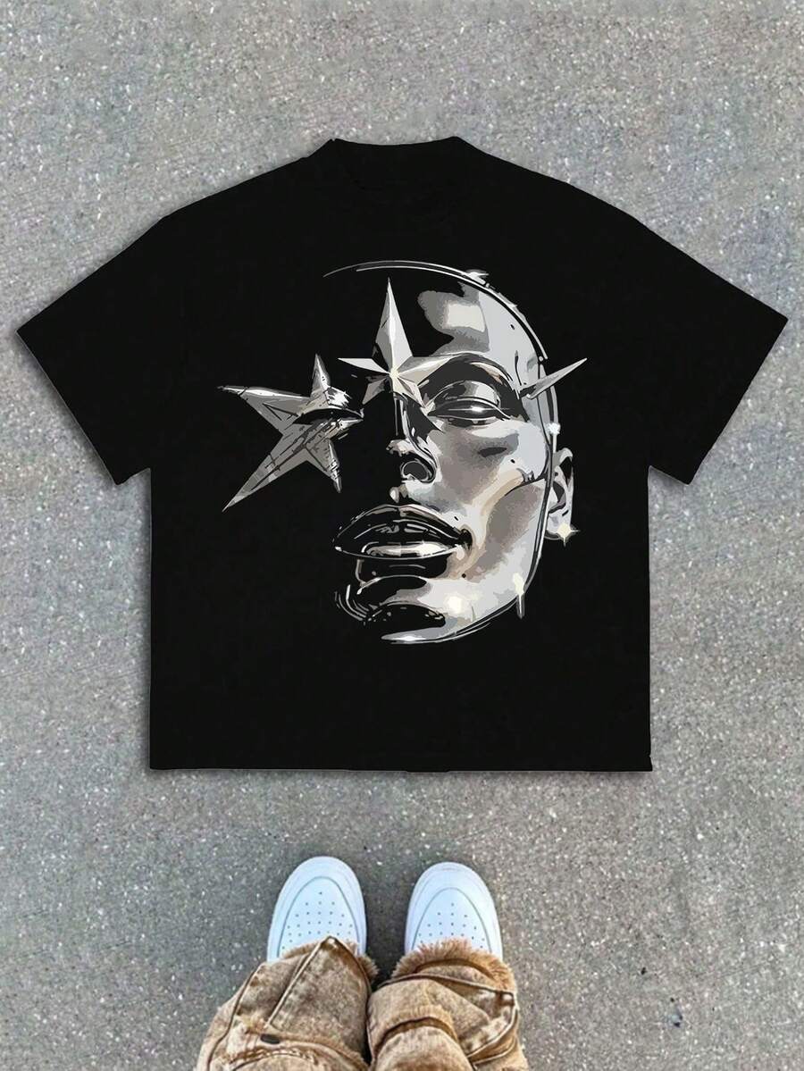 Boys & Teens' Casual Graphic Print Round Neck Short Sleeve T-Shirt, Summer Top - 黑色 - 查看 1