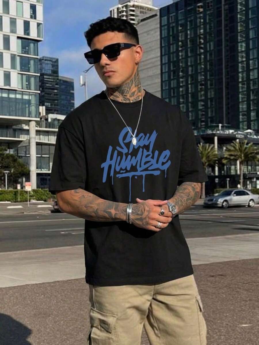 男士休闲字母印花短袖 T 恤，夏季 - 黑色 - 查看 1