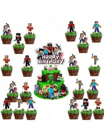 25个我的世界主题蛋糕装饰插牌，适用于家庭生日派对装饰，蛋糕DIY配件