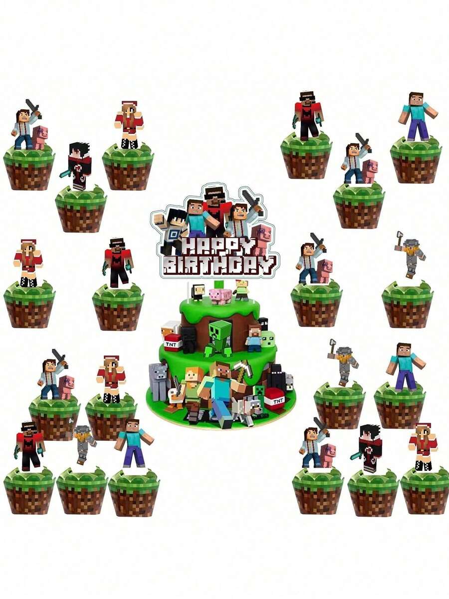 25个我的世界主题蛋糕装饰插牌，适用于家庭生日派对装饰，蛋糕DIY配件 - 彩色 - 查看 1