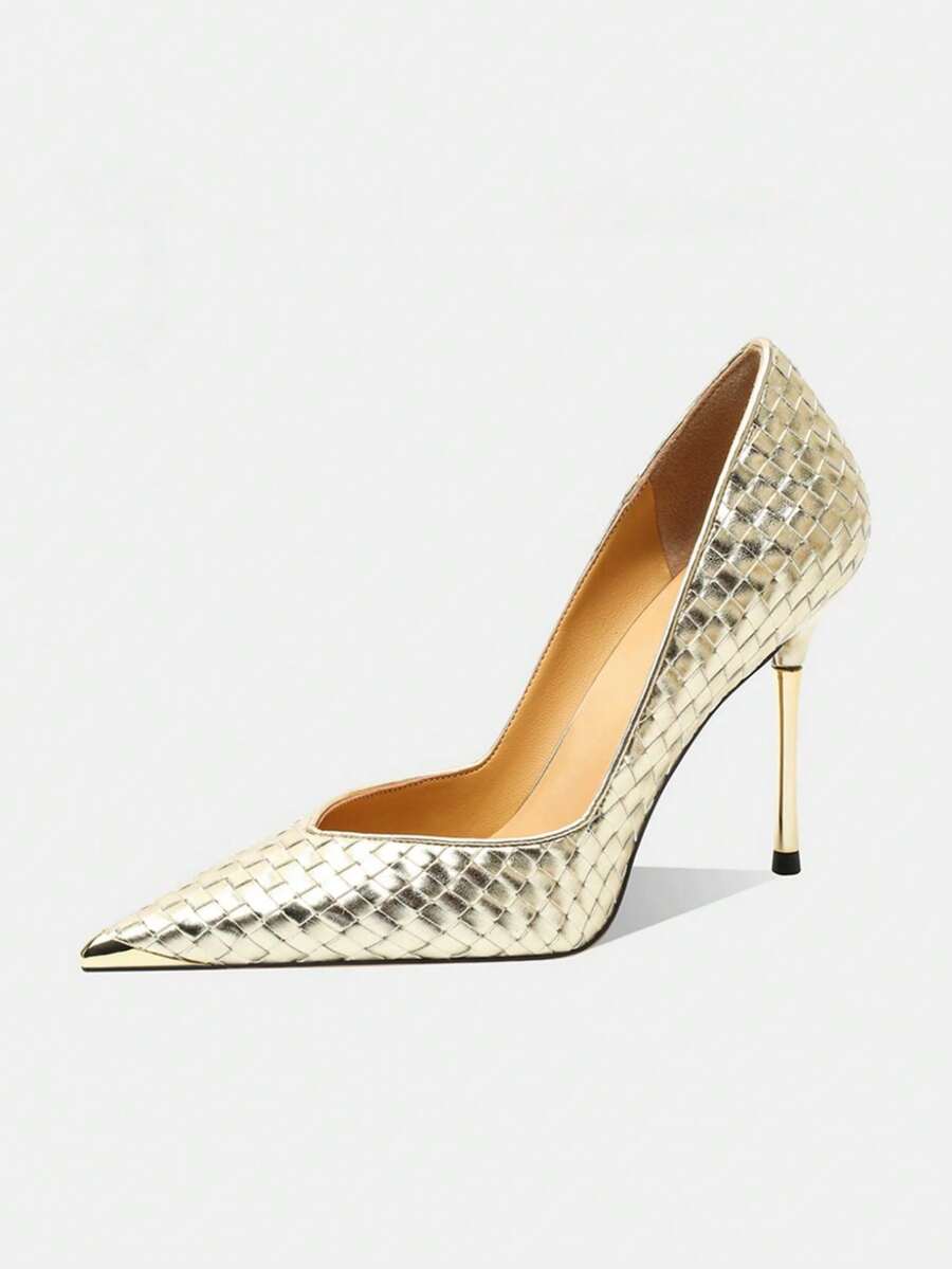 Einzigartige gewebte High Heel Design modische Spitze Zehen Sandalen für Frauen, vielseitig Sommer 2025 Neuankömmling, Stilettoabsätze - Gold - Übersicht 1