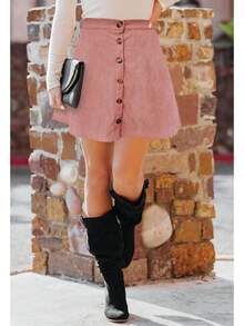 Women's Corduroy Mini Skirt - Button Front, A-Line Pleated With Pockets & Skater Style - Pink - View 4
