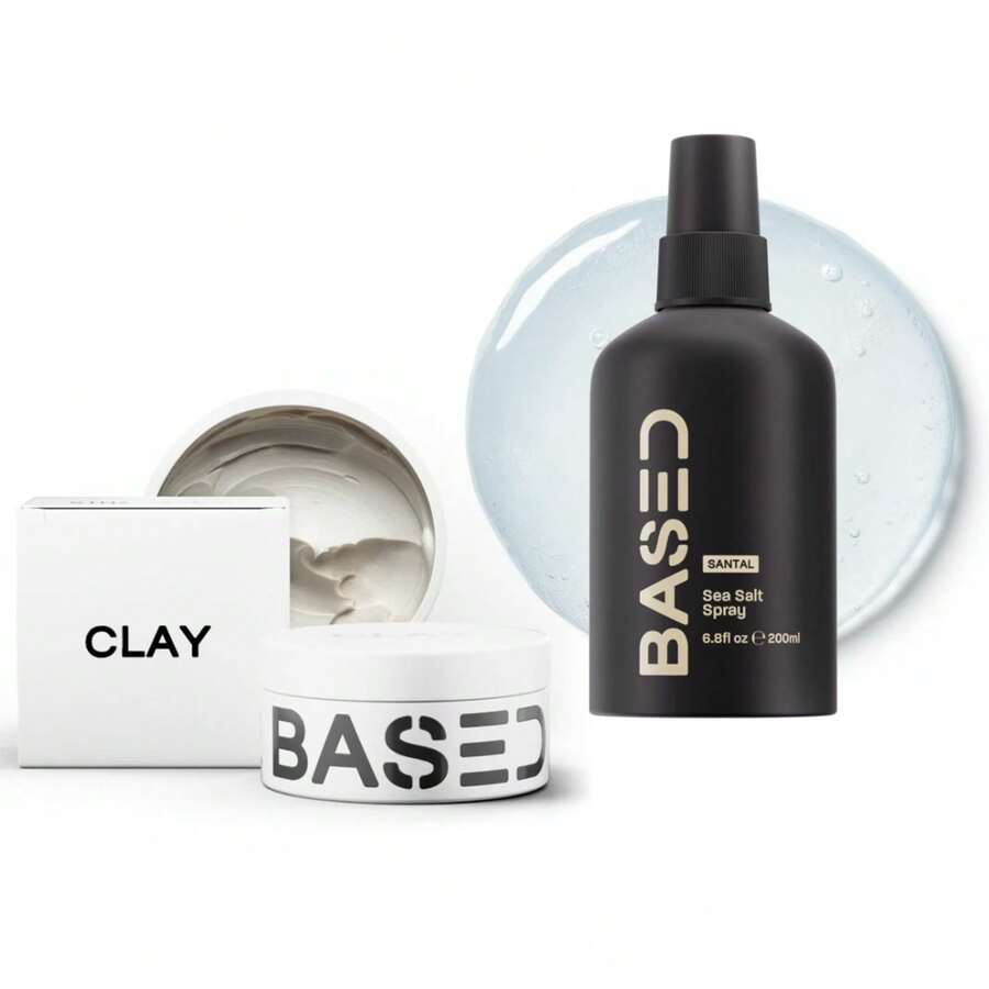 2PCS BASED Hair Clay For Men, Premium Hair Clay With Strong Hold, Texturizing Finish, & Low Shine, Hair Styling For Medium, Thick, Straight, Or Wavy Hair, Santal Sandalwood Fragrance (3oz Pack Of 1)+BASED Sea Salt Spray, Natural Finish Sea Salt Spray For Hair, Volumizes & Texturizes, Infused With Kelp & Vitamin B5, Light & Non-Greasy, Paraben, Sulfate, Phthalate Free, 6.8 Oz (Pack Of 1) - 正裝 - 查看 1