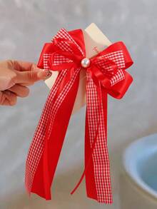 1个女童百搭休闲校园风双色格纹蝴蝶结发夹，返校季 - 紅色 - 查看 4