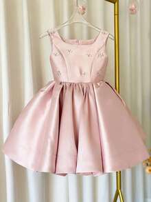 年轻女孩无袖派对礼服公主裙，适合小女孩生日派对、婚礼花童、伴娘、重要场合和节日 - 粉色 - 查看 4