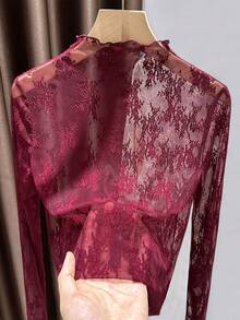 Women's Lace Turtleneck Undershirt, Fashionable Mesh Long Sleeve Top - Burgundy - View 3