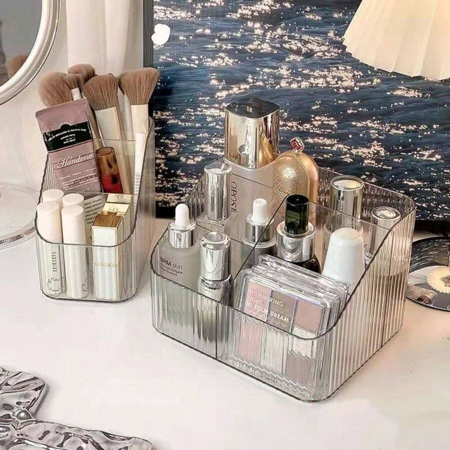 1 pieza Organizador de brochas de maquillaje con compartimentos, caja de almacenamiento de acrílico para cosméticos, organizador de escritorio, bolsa de maquillaje, esencial de viaje - transparente - Ver 1