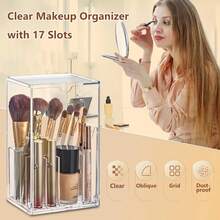 1pc Makeup Brush Holder, Transparent Makeup Brush Rack, 17 Slots Slanted Opening Detachable With Lid Design, Acrylic Makeup Brush Storage Box, Suitable For Vanity Decoration, Office And Home - Multicolor - View 5