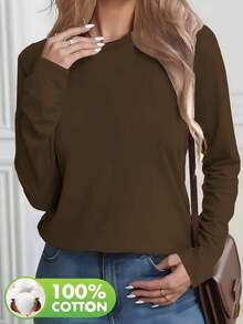 女士休闲纯色圆领长袖棉质T恤，春/秋/冬 - 咖啡棕 - 查看 4