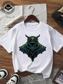Camiseta feminina de manga curta com estampa de caveira e demônio, estilo streetwear, ideal para o verão e uso diário. Modelagem casual e solta, gola redonda. - Preto - Ver 6