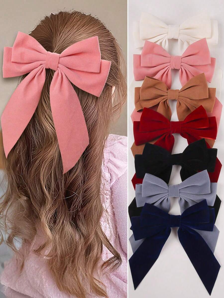 6件套女童纯色天鹅绒双层蝴蝶结发夹，适合幼儿和儿童的日常发饰 - 彩色 - 查看 1