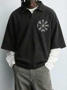 男士夏季华夫格雪花图案花卉字体 Polo 衫 - 黑色 - 查看 2