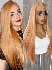 websterwigs 13x4 酒红色和橙色合成蕾丝前假发，自然直发，无需胶水，高品质耐热纤维