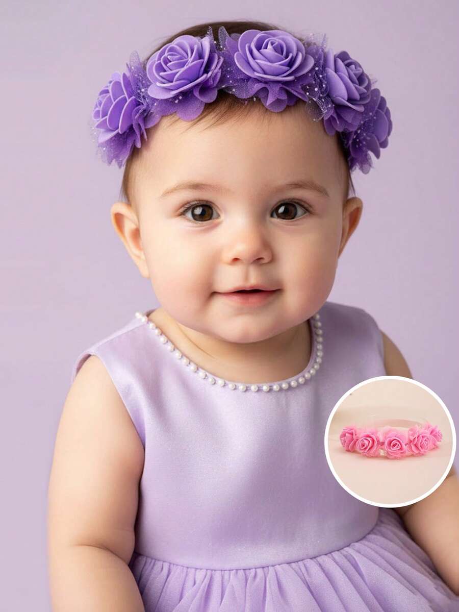 1pc Newborn Baby Girl 5 Floral Mesh Headband, Sweet & Cute Princess Headpiece, Suitable For Gift, Party, Daily Wear
