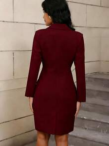 Women's Elegant Collared Fitted Solid Color Button Front Split Hem Office & Casual Dress, Suitable For Spring, Summer, Autumn - Burgundy - View 2