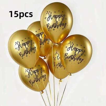 15pcs 30.48cm Happy Birthday Balloons, Golden Latex Balloons, Used For Girls, Boys, Ladies, And Men's Birthdays, Anniversary Parties, Christmas, New Year Party Supplies, Indoor And Outdoor Decoration