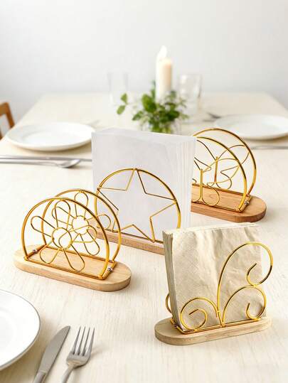 1 Stück Goldene Holzbasis mit Cut-Out-Design Servietten Halter, kreative Schmetterling-, Stern-, Blumenförmige Eisen Servietten Clips, minimalistischer Stil Heimdekoration, Küche/Wohnzimmer freistehender Servietten Spender, geeignet für Zuhause, Café, Hotel, Restaurant