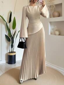 女士纯色两件套，翻边不对称下摆长袖套装，款式简约大方，家居两件套，优雅长袖女装，尽显女性优雅气质。 - 卡其色 - 查看 8