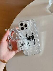 4 件装透明 TPU 蜘蛛图案充电线保护套 + 配套手机壳，兼容 20W 快充/17/17pro/17promax/17air - 黑與白 - 查看 4