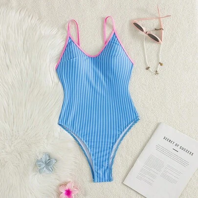 Women's Blue Striped Sports One-Piece Swimsuit
