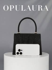 1pc Moonlit Eve Bag - Black Shiny Metallic Lurex Flap Clutch Handbag, Glittering Evening Bag For Party, Wedding, Prom, Bridal - Black - View 3