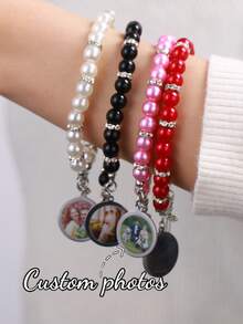 Customized Colorful Photo Beaded Bracelet With Cross, Fashionable Personalized UV Printed Couple Memory Photo Round Pendant Beaded Adjustable Handmade Photo Bracelet - Multicolored Beads - View 4