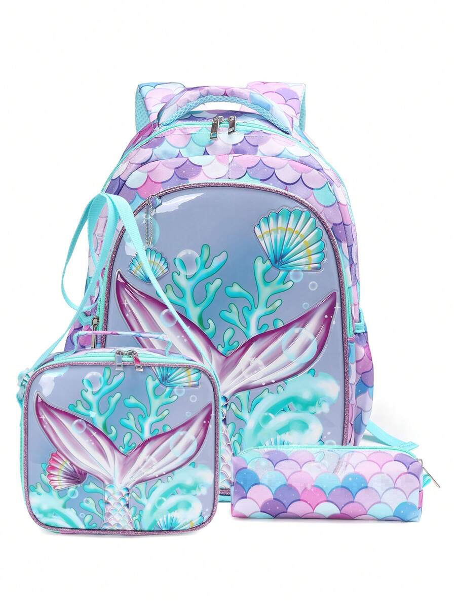 3件套儿童时尚美人鱼尾巴，可爱宇航员图案背包套装，配有可调节加厚网眼肩带和柔软网眼背板，是上学、旅行、户外活动和度假的完美礼物