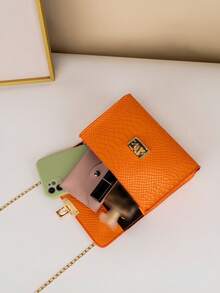 PU Snake Skin Pattern Flap Closure Chain Strap Crossbody Bag For Women - Orange - View 6