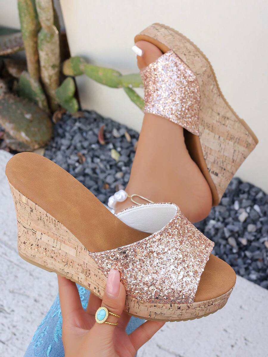 2026 Women's New Shiny Wedge Heel Sandals, Fashion Thick Bottom Slip-On Open Toe Casual Slippers - Pink - View 1