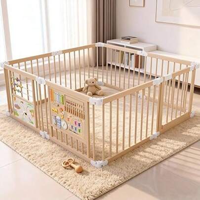 Wooden Baby Playpen For Babies And Toddlers Foldable Wooden Playpen - Natural Wood Baby Playpen, Portable With Adjustable Size And Shape, Includes 2 Game Boards, 10+ Toy Set, Suitable For Indoor Use 55X55X24inchs