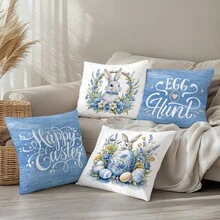 4pcs Spring Easter Minimalist Blue Floral Cute Rabbit & Egg Pillow Cover Set, Single-Sided Printed Peach Velvet Polyester Material, 45*45CM Cushion Cover For Modern Fabric Sofa Indoor Decor, Party Decoration, Gift - Multicolor - View 8
