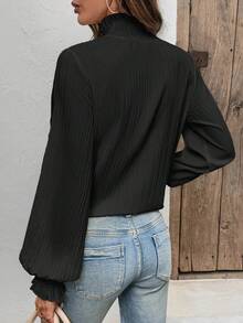 黑色长袖上衣 女士优雅褶皱高领灯笼袖纯色衬衫 - 黑色 - 查看 2