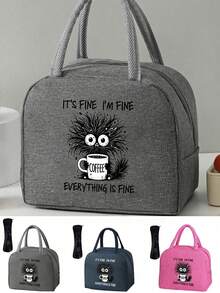 Thermal Bag, "It'S Fine I'm Fine Everything Is Fine" Graphic Print With Coffee Cup & Design ,Women'S Funny Coffee Lover ,With A Black Cutlery Storage Bag, A Double Pocket Lunch Box Bag, Large Capacity, Student Meal Insulated Refrigerated Bag - Multicolor - View 1