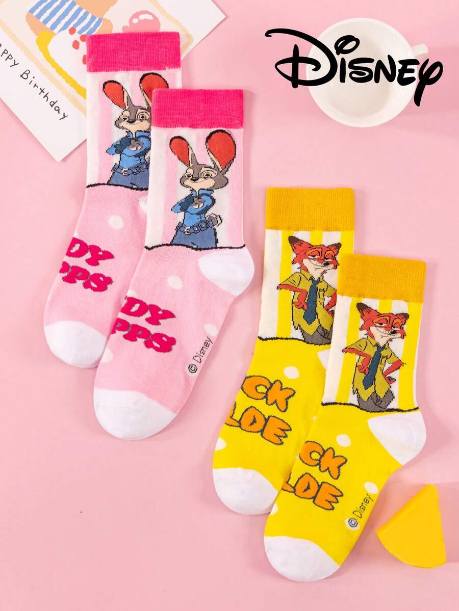 Disney 2双装迪士尼疯狂动物城主题女士船袜，可爱卡通尼克·王尔德独特图案，防臭透气休闲运动船袜，适合学生/成人作为礼物或日常穿着，情侣款。