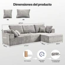 Sofá seccional Cloud de 274 cm, sofá modular sin estructura con forma de L y asiento profundo, sofá tapizado moderno y cómodo para sala de estar, no requiere montaje (Chenilla, gris) - Gris - Ver 3