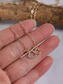 时尚心形水钻吊坠项链，精致锁骨链，百搭女士饰品 - 金黃色 - 查看 3