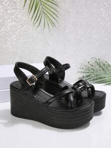 Black Criss-Cross Strap Platform Wedge Sandals, New Spring/Summer 2026 Collection, Thick Sole, Chunky High Heel, Open Toe Roman Style - Black (A033) - View 5