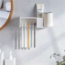 1pc Self-Adhesive 5-Slot Wall Mounted Toothbrush Holder With Cover, Suitable For Shower, Bathroom, Dorm And More, Can Hold Toothpaste And Toothbrush - Multicolor - View 6
