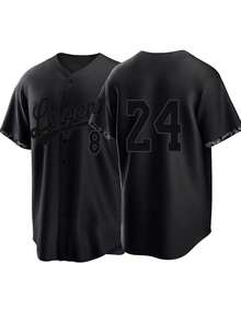 Boyfriend Style Men's 8/24 Black  Baseball Jersey Casual Short Sleeved Embroidered And Stitching V-Neck Button T-Shirt Party Sports Top - 黑色 - 查看 1