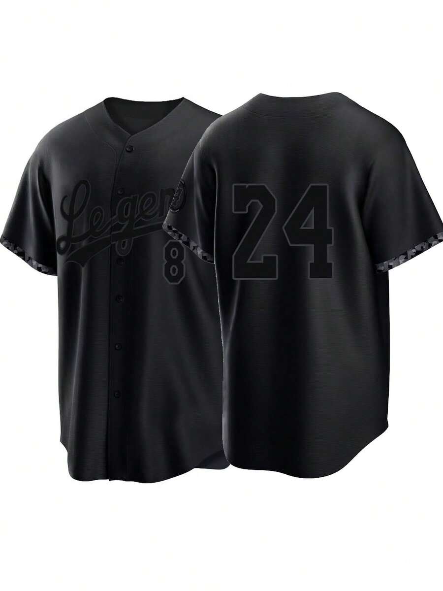 Boyfriend Style Men's 8/24 Black  Baseball Jersey Casual Short Sleeved Embroidered And Stitching V-Neck Button T-Shirt Party Sports Top - 黑色 - 查看 1