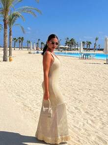 Women's Minimalist Elegant Knit Dress, Casual Chic Style, Spring/Summer - Camel - View 3