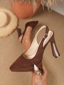 女士时尚优雅性感露背尖头厚底粗跟高跟鞋 - 駝色 - 查看 1