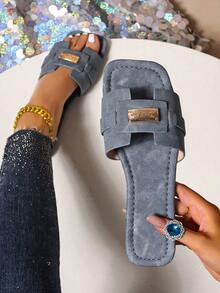 新款春夏时尚休闲绑带凉鞋，舒适平底圆头沙滩拖鞋，百搭女士一脚蹬凉鞋 - 灰色 - 查看 2