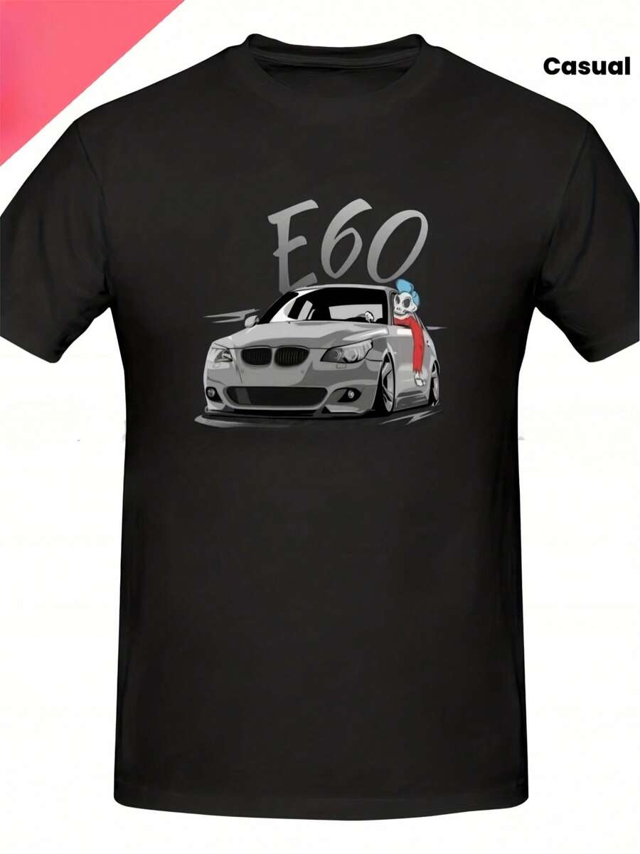 Camiseta gráfica de coche con logo E60 para hombres y unisex - Impresión de insignia de auto alemán icónica, camiseta casual de verano de manga corta y cuello redondo para fanáticos del modelo E60, ropa coleccionable para entusiastas de los coches - Negro - Ver 1