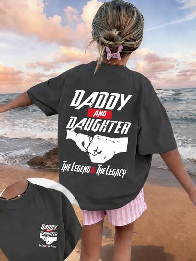 Tween Girl "Daddy And Daughter..." Slogan Print T-Shirt, Casual Versatile Top, Fashionable Girls Summer Blouse